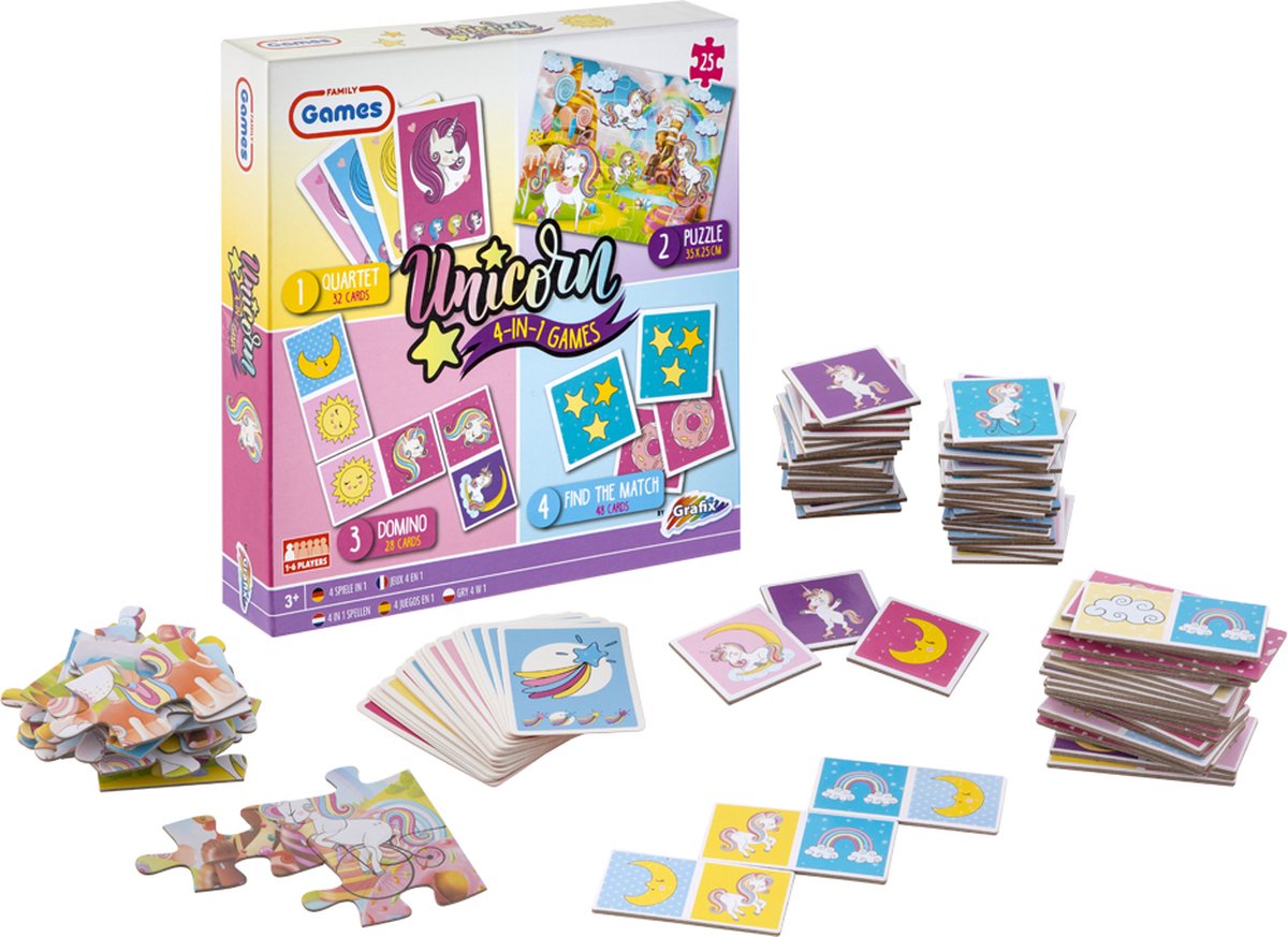 Grafix 4-in-1 Kaartspellen voor Kinderen | Thema Unicorn | Kwartet - Memory - Domino - Puzzel | denkspel | Spellen voor meisjes | Geschikt voor kinderen vanaf 5 jaar